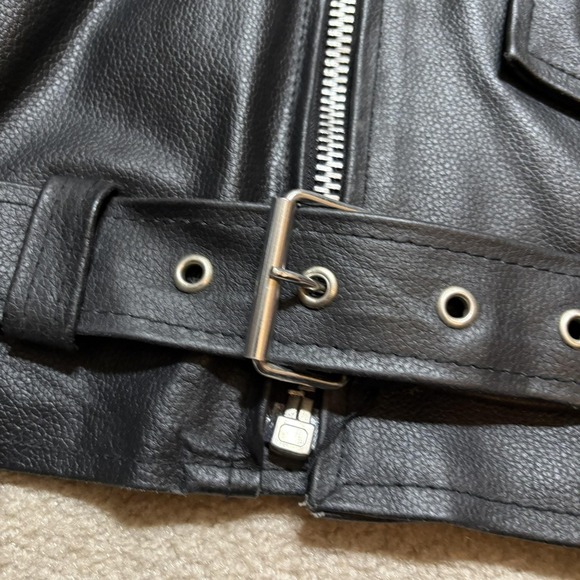 Leather Motorcycle Jacket Mens 44 Black Belted Side Lace Biker Zip Pockets - Picture 16 of 16